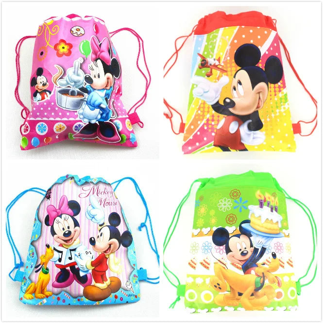 12Pcs Disney Lilo Stitch Mickey Minnie Mouse Non-woven Drawstring Bags Kids Swimming School Backpacks Birthday Party Gifts