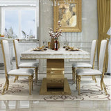 Post-Modern Marble Top-Grade Dining Table And Chairs Combination Stainless Steel Crown Apartment Golden Carved Furniture Table