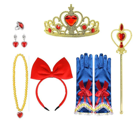 Girls Princess Snow White Accessory Party Tiara Crown Necklace Earrings Gloves Set Synthetic Hair Kids Snow White Dress Up Set