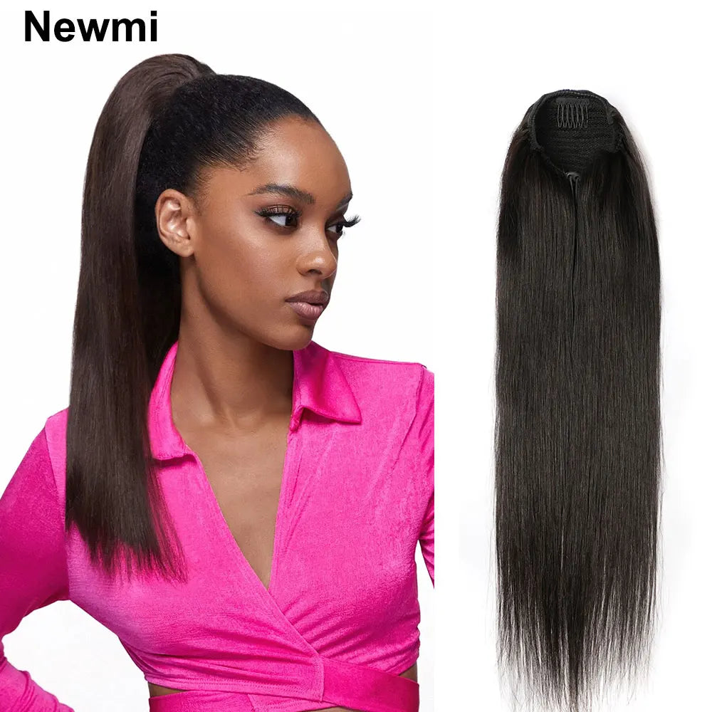 Straight Ponytail Extensions Human Hair Newmi  Natural Black Drawstring Ponytail Human Hair Extension for Women 100-130g/pc