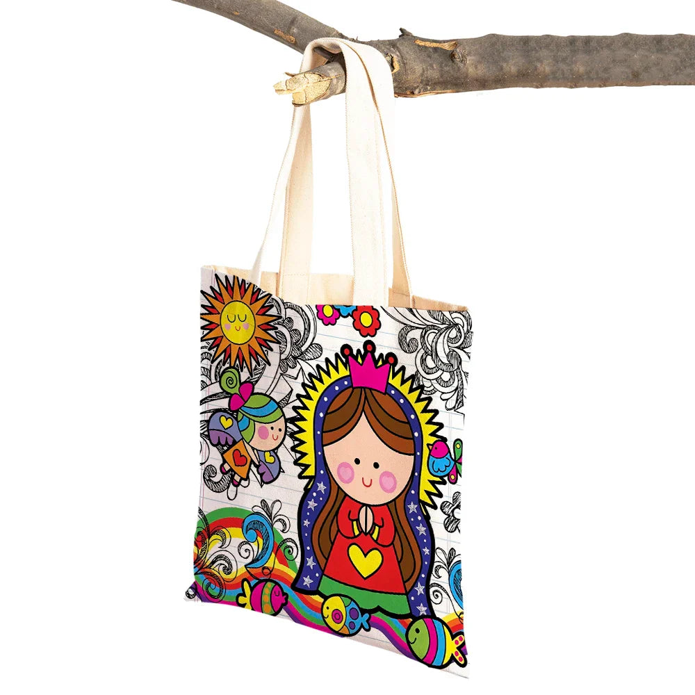 Ladies Shopping Bag Cartoon Virgin Mary Series Handbag Foldable Reusable Cloth Shopper Harajuku Style Student Canvas Tote