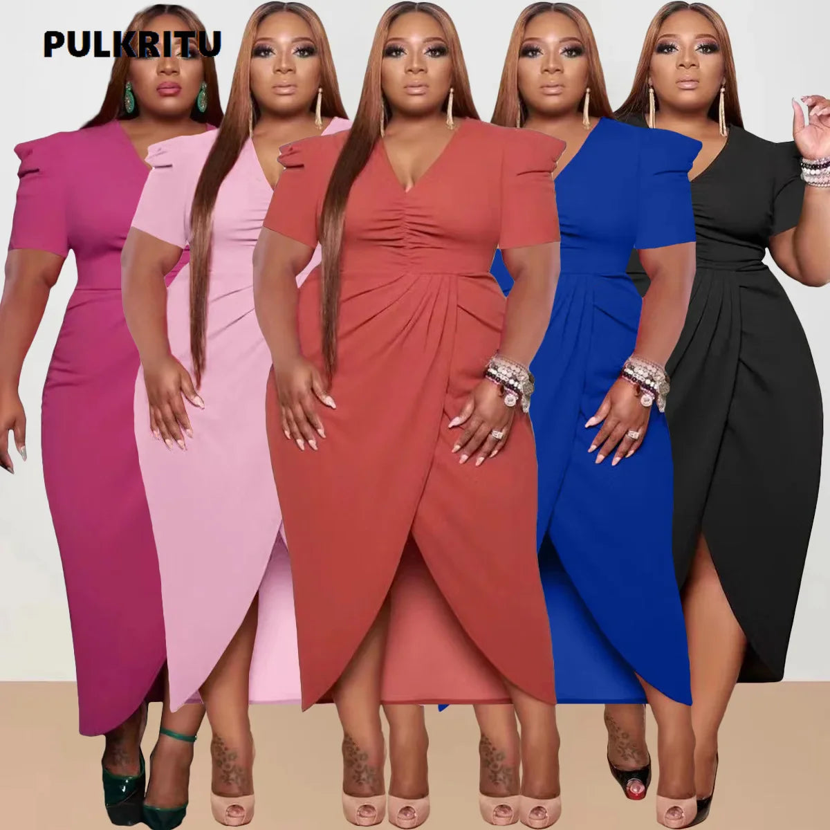 Pulkritu Plus Size Women Puff Short Sleeve Wrap High Side Split Bodycon Midi Maxi Long Dress  Sexy Party Even Vestido Dresses