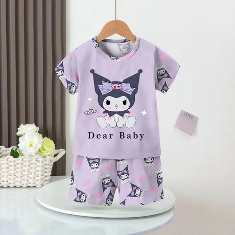 Anime Summer Kids Ice Silk Pajamas Kawaii MyMelodys Kuromis Cinnamorolls Cartoon Short Sleeve Cardigan Loungewear Set