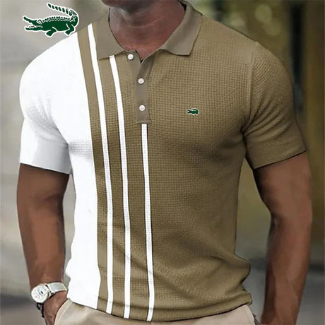 Men's Polo Shirt Fashion Stripe Stitching Casual Lapel Button Summer Men's Short Sleeve Slim Figure Breathable Routine Work Polo