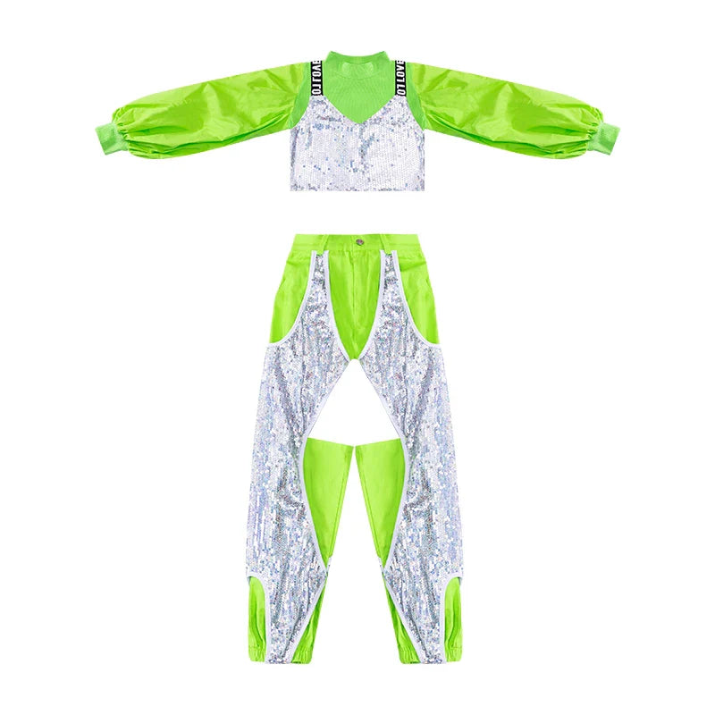 ZZL Fashion K-pop Stage Outfits for Girls Green Silver Sequin Costume Jazz Dance Hip-hop Clothes Catwalk Performance Wear