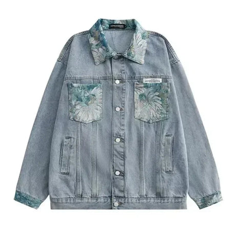 Full Flowers Jacquard Denim Jacket Men Korean Fashion Turndown Collar Jacket Women Loose Couples Casual Coat Autumn 2023