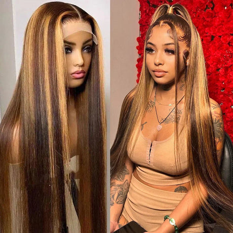 Glueless 13X4 Highlight Wig Straight Lace Front Human Hair Wigs For Women Ombre Honey Blonde Brown Colored 13x6 Lace Frontal Wig