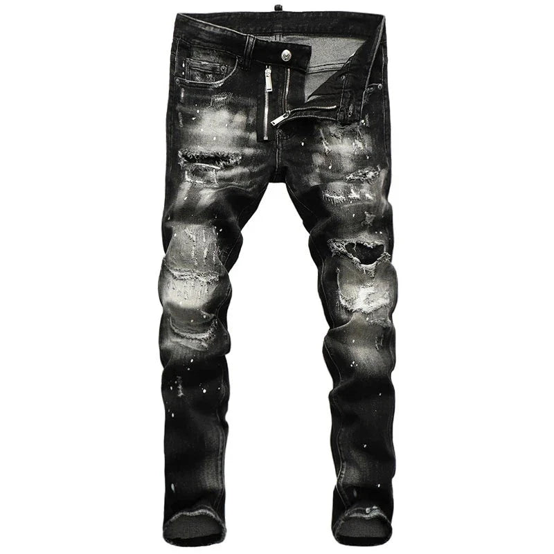 Streetwear Fashion Men Jeans Retro Black Gray Elastic Slim Fit Hole Ripped Jeans Men Painted Designer Hip Hop Brand Pants Hombre