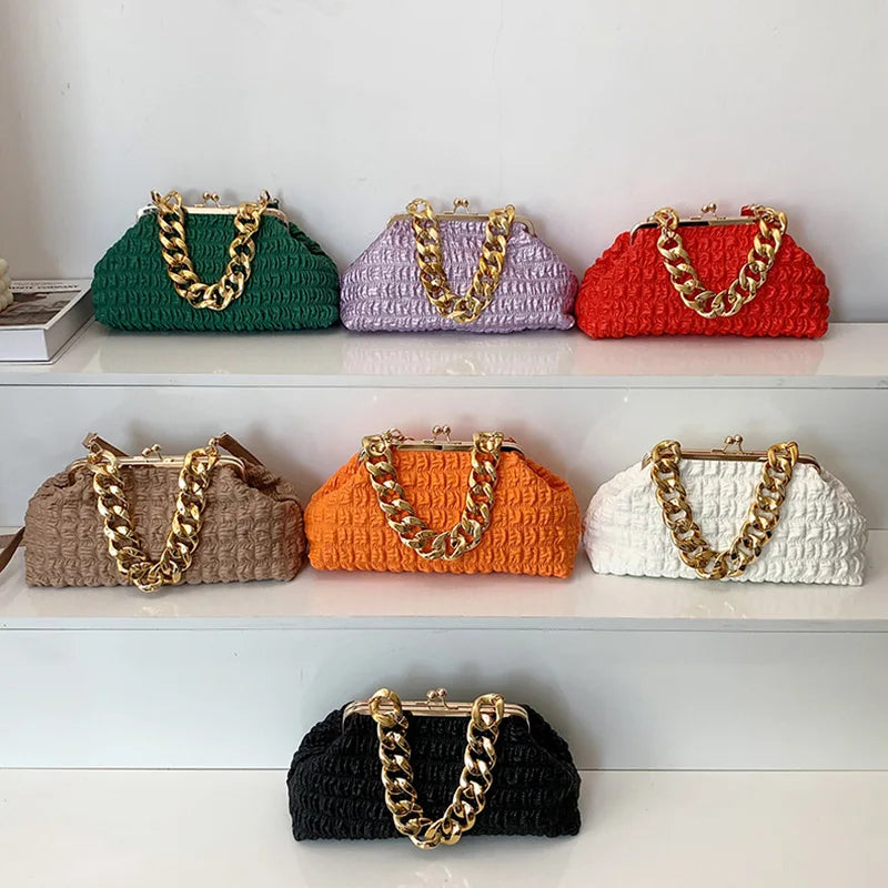 Luxury Brand Women Purple Orange Messenger Bags Shell Clip Thick Chain Ruched Handbags And Purse Prom Clutch Lady Shoulder Bags