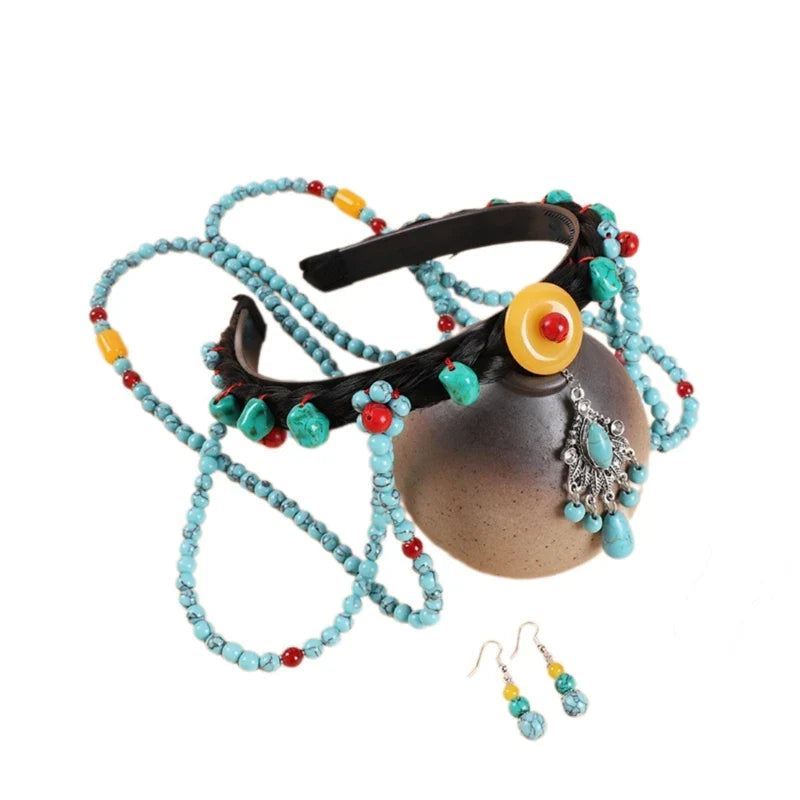 Turquoise Forehead Chain Ethnic Headband Festival Wedding Hair Hoop for Girl