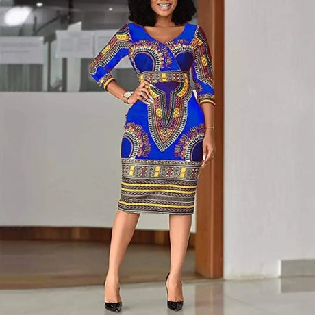 European and American women's long fashionable printed 3/4 sleeve African ethnic style dress