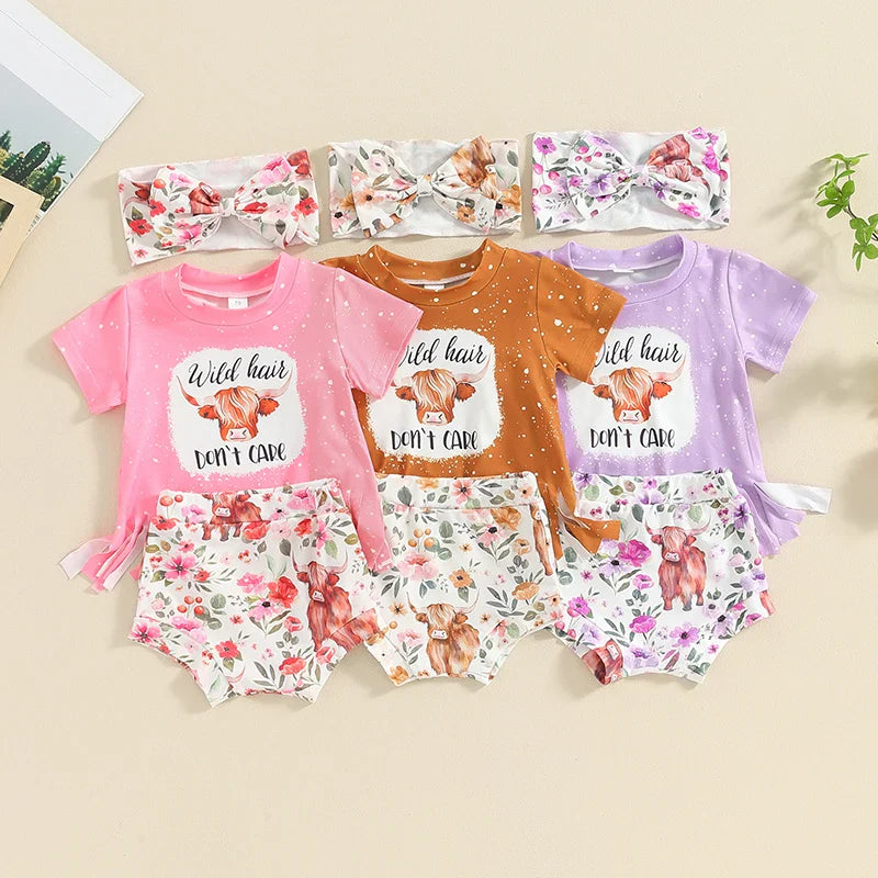 Toddler Baby Girl Western Outfit Wild Hair Don t Care Tassel T-shirt Cow Print Floral Bloomers Shorts Bow Headband