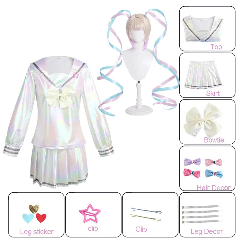 NEEDY GIRL OVERDOSE KAngel Cosplay Costume Lolita Shoes Coat Skirt Uniform Wig Hallowmas COS Laser Color Skirts Ribbon Wig