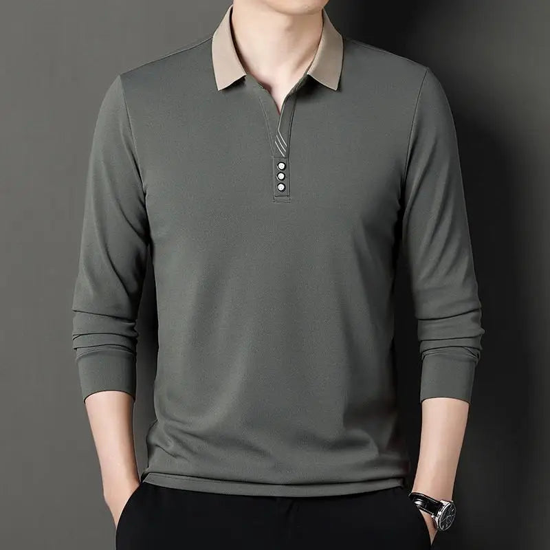 Men's Long Sleeve Polo Shirts Autumn Spring Smart Casual Male Clothes Korean Navy Plain Tee Shirts Regular Fit Man Polo Top