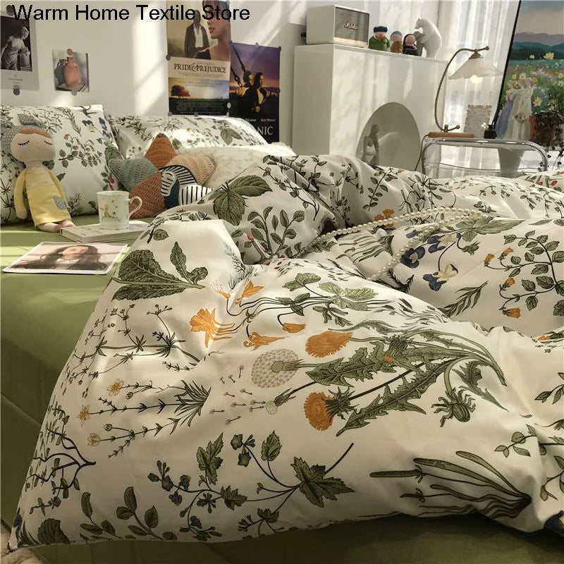 European Ins Floral Brushed Home Bedding Set Simple Soft Duvet Cover Set With Sheet Comforter Covers Pillowcases Bed Linen