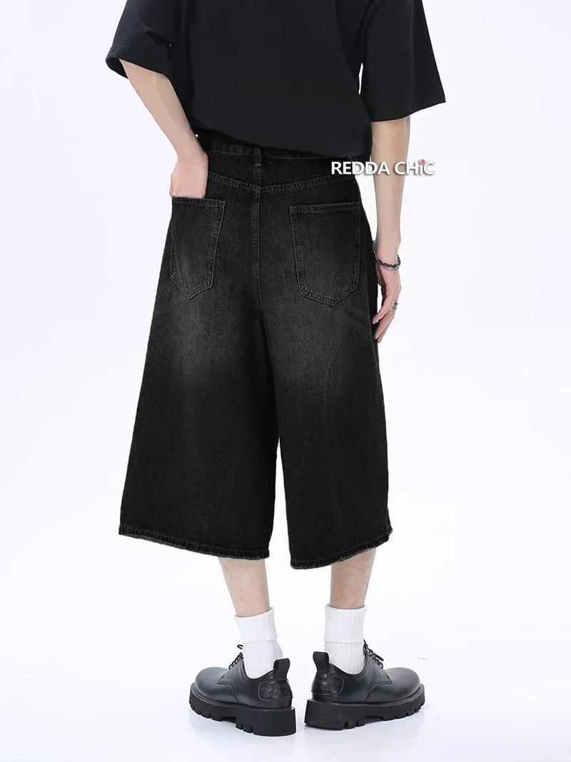 REDDACHIC Hiphop Men Whiskers Denim Shorts Baggy Jorts Retro Black Wash Brushed Loose Casual Wide Leg Short Pants Y2k Streetwear