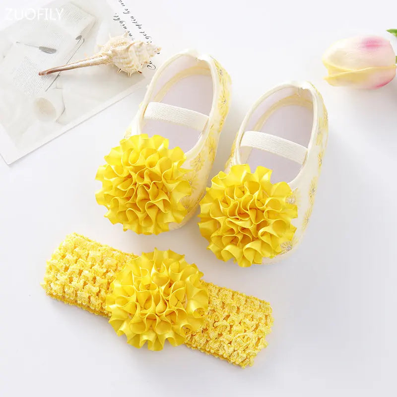 0~18M Cute Bowknot Newborn Baby Shoes Headband Set Anti Slip Toddler Infant First Walker Baby Girls Newborn Soft Sole Pink Shoes