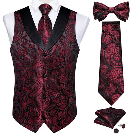 Brand Suit Vest Set For Men Luxury Silk Black Gold Paisley Dress Vest Tie Cufflinks Handkerchief Set Male Sleeveless Waistcoat