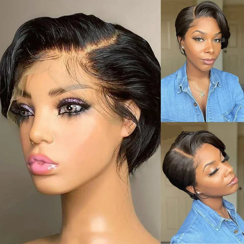 Pixie Cut Wig Transparent Lace Human Hair Wigs for Women Straight Short Bob Wig T Part Lace Wig Preplucked Brazilian Human Hair