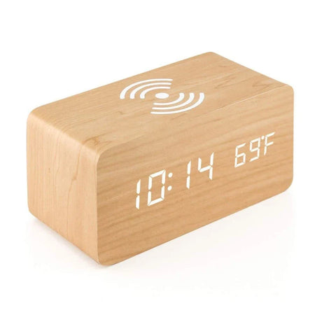 Voice Control Wooden Digital Alarm Clock Wireless Charging Temperature Date Night Mode Table Clock 3 Alarm 12/24H LED Clock