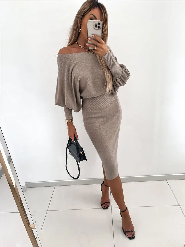 Women Autumn Winter Knitted Party Midi Dress Solid Office Lady Pullover Bodycon Slim Long Sleeve Sexy Sweater Dress