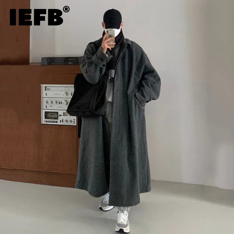 IEFB Korean Style Trend Wool Overcoat Loose Lapel Long Coat Versatile Woolen Knee High Trench Autumn Winter Man Clothing 9C2211