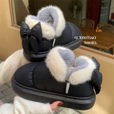 Bow Knot Short Ankle Snow Boots Women Winter Plush And Thick Insulation Waterproof PU Cotton Household Shoes Home Slipper Women