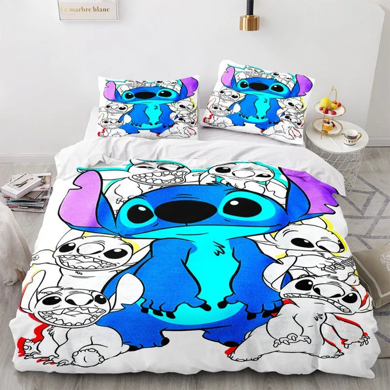 Disney Stitch Cartoon 3D Printed Bed Sheets Three-piece Children's Home Textile Set Quilt Cover Pillowcase