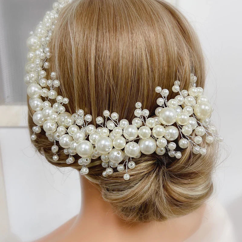 Fashion Bride Large Pearls Wedding Headband Silver Bridal HairPiece Hair Accessorie Hair Jewelry for Women and Girls