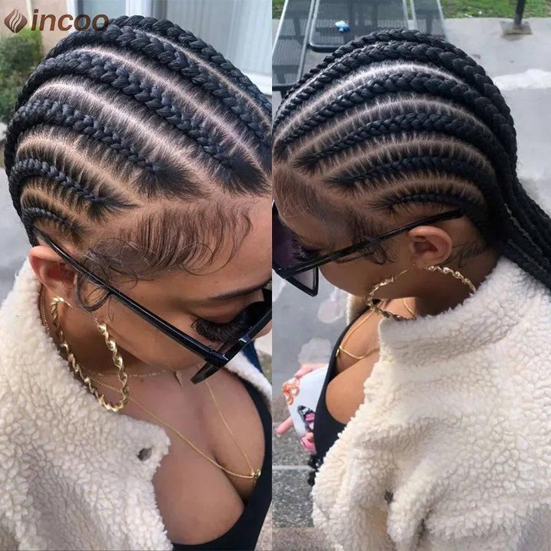 Incoo 36'' Synthetic Twist Braids Lace Front Wig With Baby Full Lace Frontal Cornrow Braided Wigs Afro Black Dutch Braided Wigs