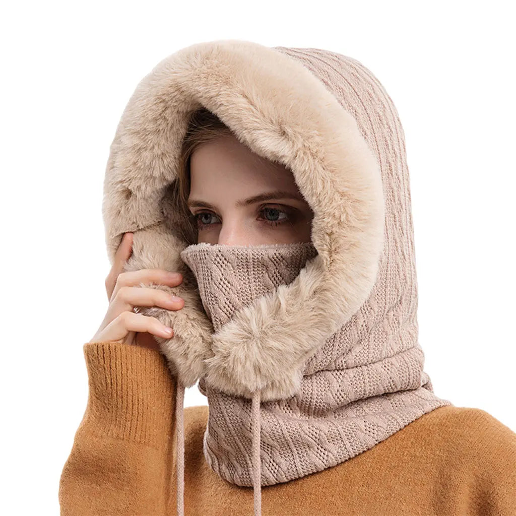 Winter Women 3in1 Knitted Ski Hat With Scarf Neck Warmer Fleece Lined Hood Face Mask Adult Balaclava For Outdoor Sports