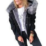 Women Winter Warm Fluffy Collar Hooded Denim Jacket Thick Plush Lined Warm Long Sleeve Jean Coat Button Down Oversized Loose Out