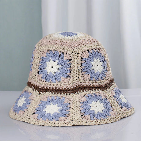 Colorful Crochet Straw Bucket Hat Handmade Knitted Flowers Beach Fisherman Hat for Women Sunshade Cap Vintage Accessories