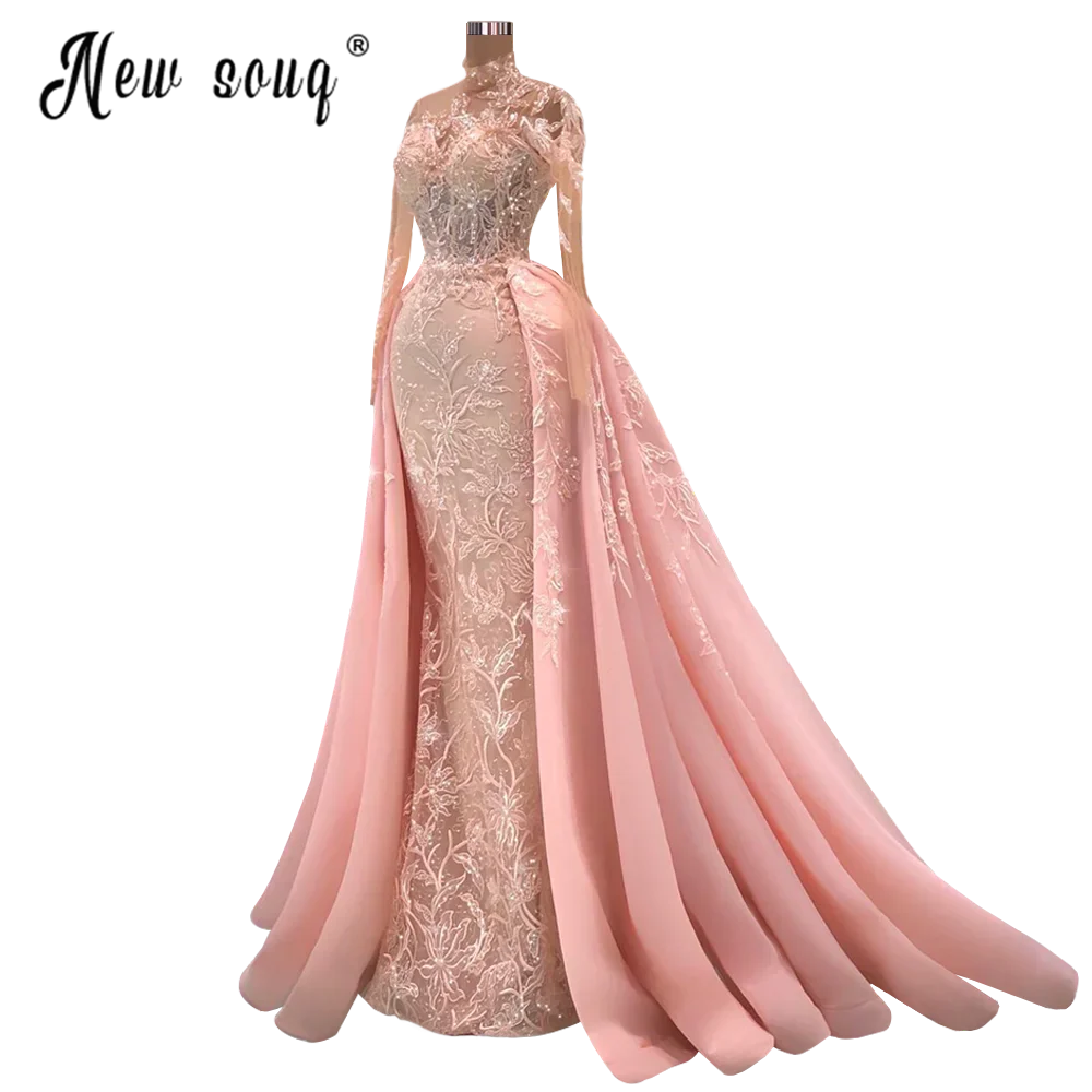 Blush Pink Lace 2023 Prom Dress Arabic Women Bride Gowns Plus Size Mermaid Detachable Train Evening Night Dresses De Soiree