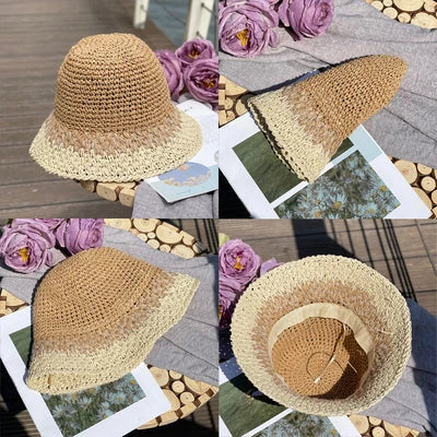 Gradient Straw Fisherman Hat Ladies Sweet Summer Sun Protection Simple Bucket Hat Temperament Elegant Wild Fashion Beach Sun Hat