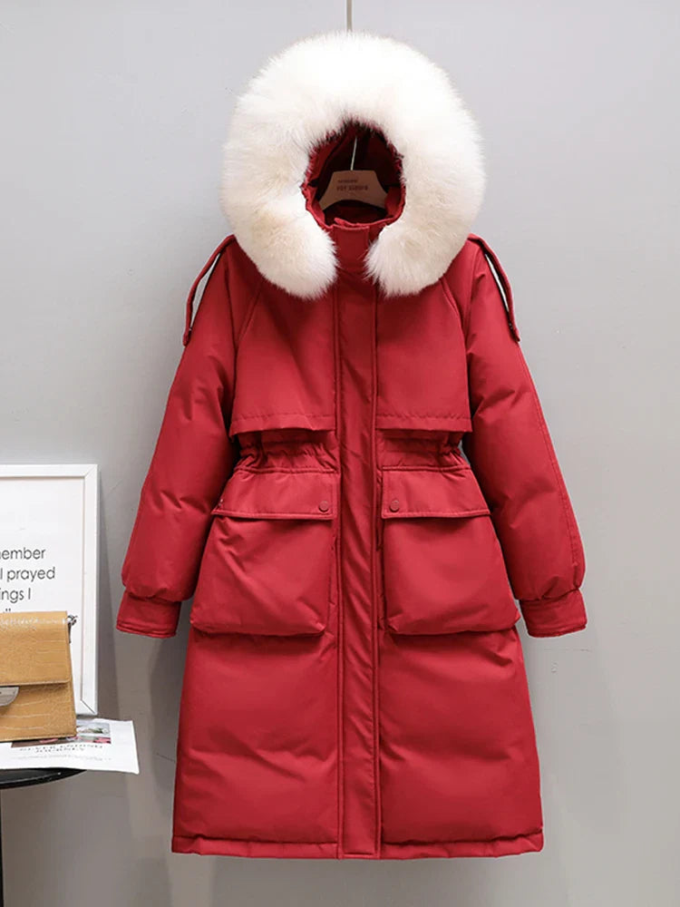 Fitaylor Winter Women Long Jacket Large Natural Fur Collar Hooded Parkas 90% White Duck Down Coat Thickness Snow Warm Outwear