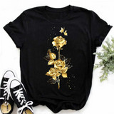 Plus Size Maycaur New Fashion Gold Rose Print Women T Shirt Harajuku Short Sleeves Tshirts Casual O-neck Top Tee Black T-shirt