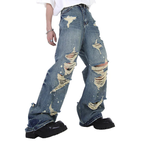 REDDACHIC Men's Torn Ripped Baggy Jeans Hiphop Loose Fit Casual Brushed Straight Wide Leg Pants Vintage Y2k Trousers Streetwear