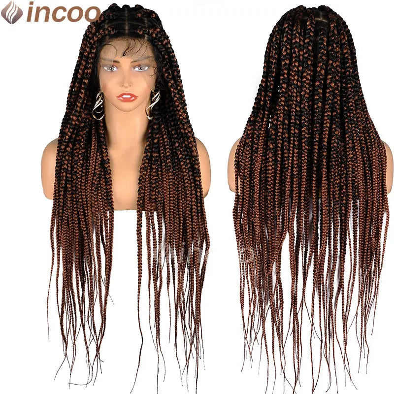 36 Inches Synthetic Knotless Large Square Box Braided Wigs Full Lace Frontal With Baby Hair For Afro American Women Braided Wigs