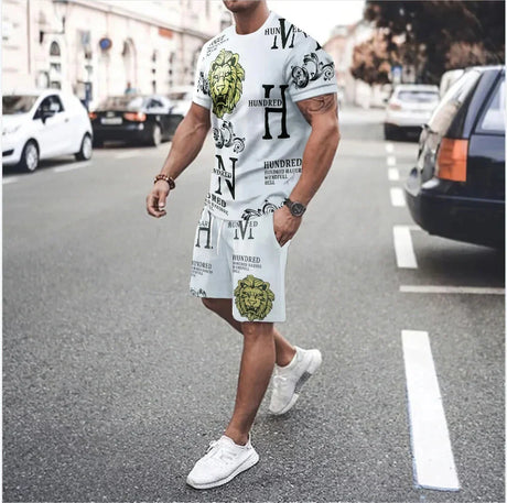 Retro 3D Printed Men's Casual Round Neck Tracksuit Sets Summer T-shirts Shorts 2 Piece Suits Fashion Men Luxury Street Clothing