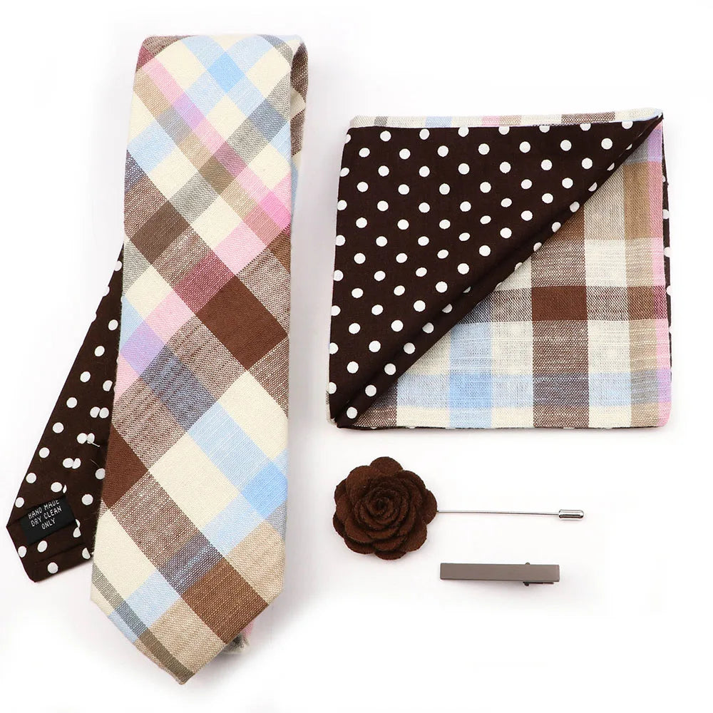 Two Side Floral Plaid Cotton Patchwork Tie Set Brooch Pin Clip Hankie Cufflink Ties Men Party Daily Shirt Cravat Gift Accessory