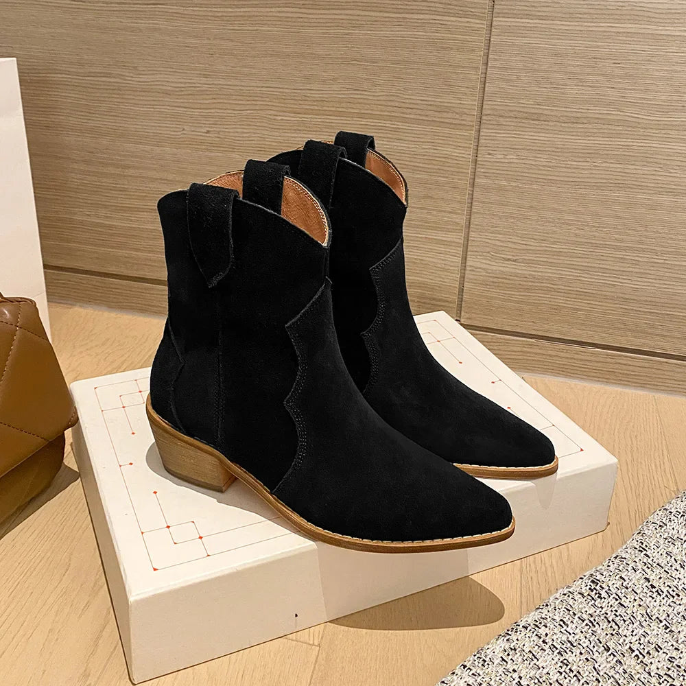 2023 Classic Western Boots for Woman Cow Suede Pointed toe Wedges Heel Ankle Boots Simple Comfortable Cowboy Boots Female