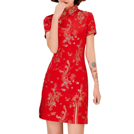 Mandarin Collar Short Sleeve Disc Buckles Women Dragon Phoenix Print Chinese Style Mini Qipao Dress for Stage Performance