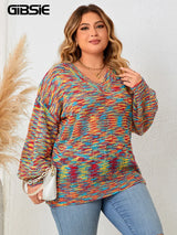 GIBSIE Plus Size Lantern Sleeve V Neck rainbow Sweater Women 2023 Autumn Winter Fashion Loose Sweet Ladies Knit Pullover Jumper