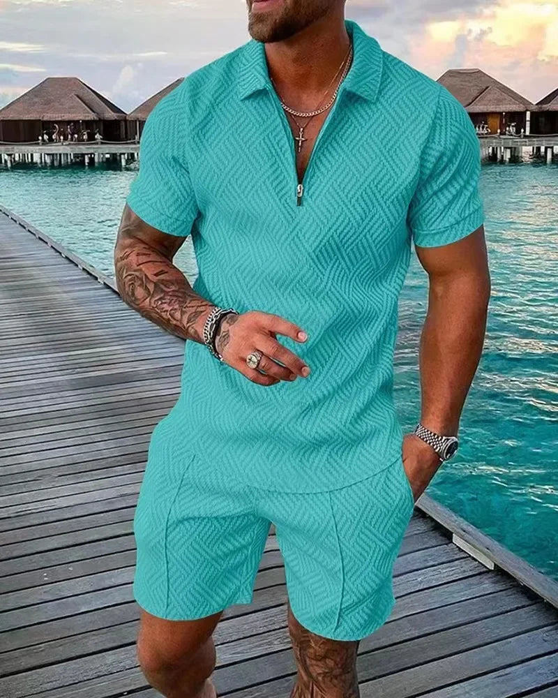 New 2024 Men's Polo Suit Fashion Men Sets Solid Summer V-neck Zipper Short Sleeve POLO Shirt+Shorts Two Pieces Men Casual Suit