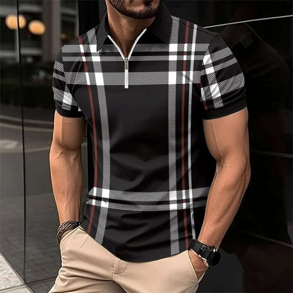 Men Business Shirt Stylish Men's Plaid Striped Shirt with Zipper Lapel Detail Slim Fit Short Sleeve Business Top for Summer Soft