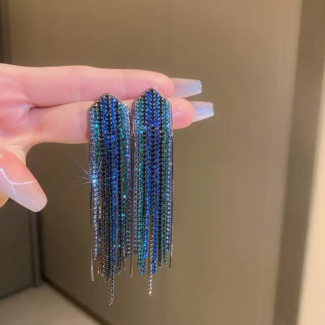 Exaggerated Blue Rhinestone Crystal Geometric Flower Long Tassel Earrings for Women Cool Drop Dangling Earring Party Jewelry