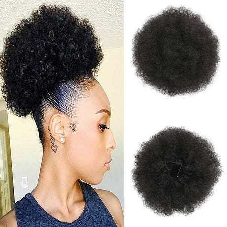 Afro Puff Drawstring Ponytail with Bangs Pineapple Updo Hair for Black Women, Short Kinky Curly Ponytail Bun (1B