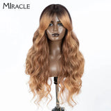 MIRACLE Synthetic Lace Front Wigs For Women Long Wavy 36 Inch Body Wavy Side Part Lace Front Wig Ombre Brown Blonde Cosplay Wig