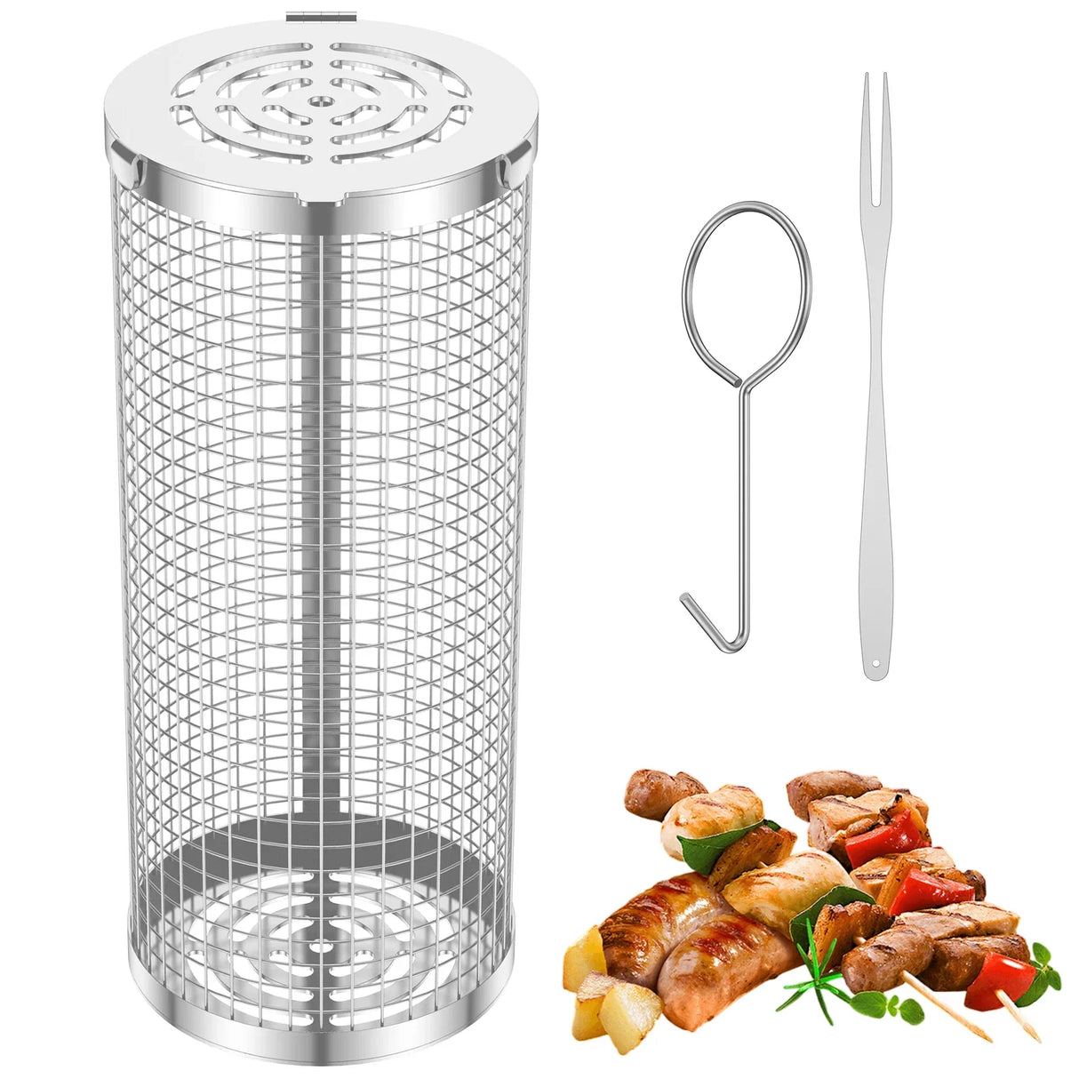 BBQ Grill Basket Barbecue Grill Grate Camping Cookware Stainless Steel Mesh Cylinder Washable for Grilling Vegetables Meat